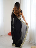 Black Fandy Satin Two Tone Sequins And Zari Work Saree With Blouse Piece