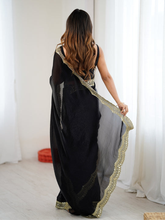 Black Fandy Satin Two Tone Sequins And Zari Work Saree With Blouse Piece