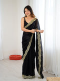 Black Fandy Satin Two Tone Sequins And Zari Work Saree With Blouse Piece