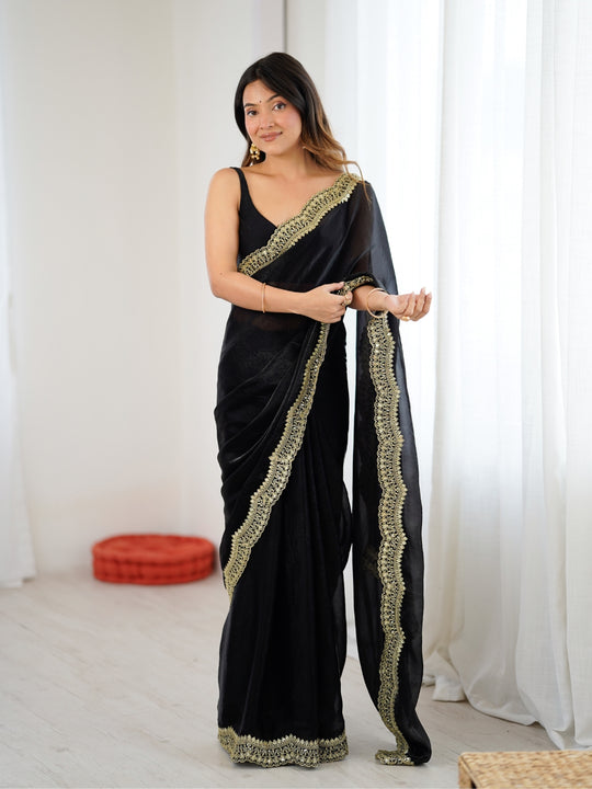 Black Fandy Satin Two Tone Sequins And Zari Work Saree With Blouse Piece