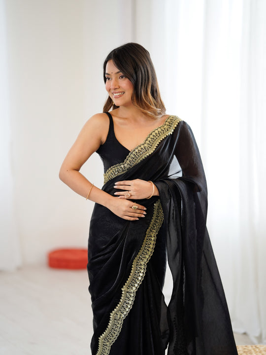 Black Fandy Satin Two Tone Sequins And Zari Work Saree With Blouse Piece