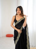 Black Fandy Satin Two Tone Sequins And Zari Work Saree With Blouse Piece