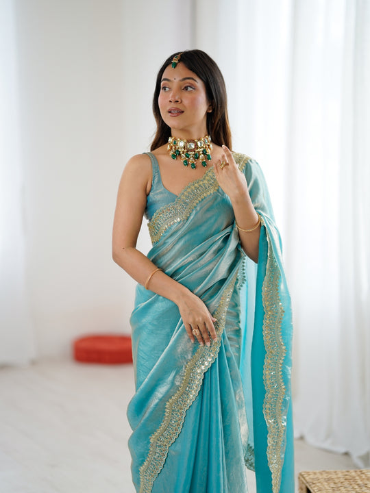 Sky Fandy Satin Two Tone Sequins And Zari Work Saree With Blouse Piece