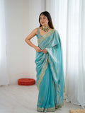 Sky Fandy Satin Two Tone Sequins And Zari Work Saree With Blouse Piece