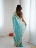 Sky Fandy Satin Two Tone Sequins And Zari Work Saree With Blouse Piece