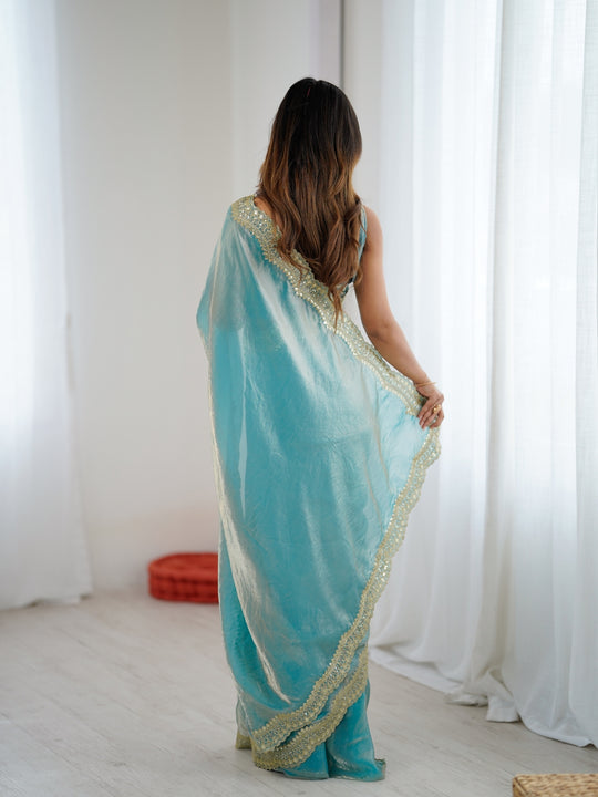 Sky Fandy Satin Two Tone Sequins And Zari Work Saree With Blouse Piece