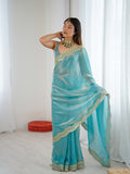 Sky Fandy Satin Two Tone Sequins And Zari Work Saree With Blouse Piece