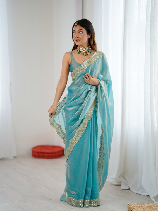 Sky Fandy Satin Two Tone Sequins And Zari Work Saree With Blouse Piece