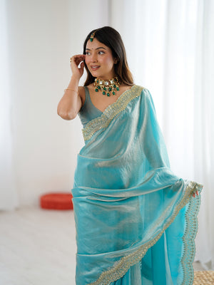 Sky Fandy Satin Two Tone Sequins And Zari Work Saree With Blouse Piece