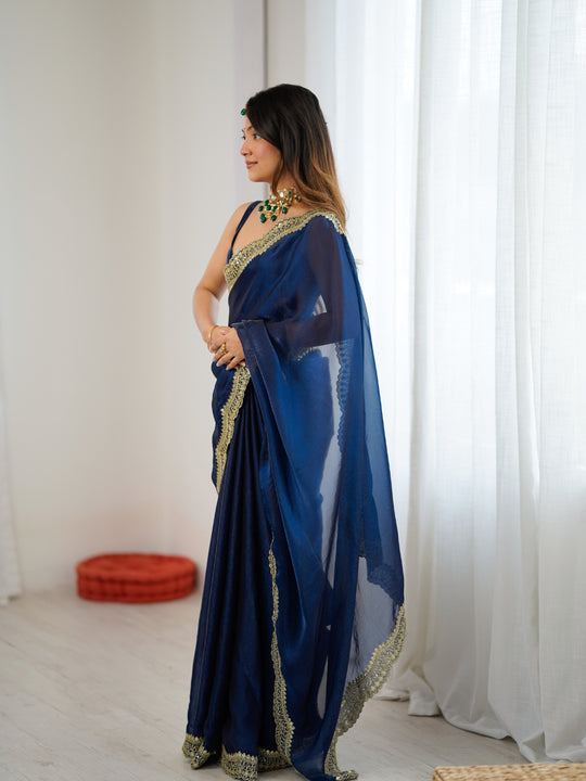 Teal Blue Fandy Satin Two Tone Sequins And Zari Work Saree With Blouse Piece