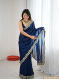 Teal Blue Fandy Satin Two Tone Sequins And Zari Work Saree With Blouse Piece