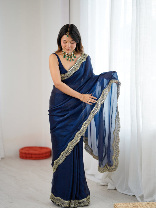Teal Blue Fandy Satin Two Tone Sequins And Zari Work Saree With Blouse Piece