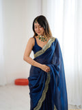 Teal Blue Fandy Satin Two Tone Sequins And Zari Work Saree With Blouse Piece
