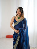 Teal Blue Fandy Satin Two Tone Sequins And Zari Work Saree With Blouse Piece