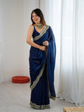 Teal Blue Fandy Satin Two Tone Sequins And Zari Work Saree With Blouse Piece