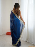 Teal Blue Fandy Satin Two Tone Sequins And Zari Work Saree With Blouse Piece