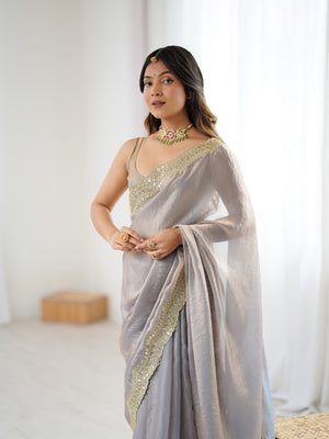 Gray  Fandy Satin Two Tone Sequins And Zari Work Saree With Blouse Piece