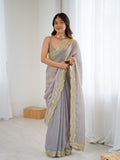 Gray  Fandy Satin Two Tone Sequins And Zari Work Saree With Blouse Piece