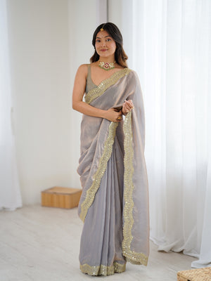 Gray  Fandy Satin Two Tone Sequins And Zari Work Saree With Blouse Piece