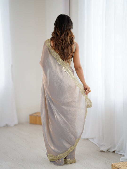 Gray  Fandy Satin Two Tone Sequins And Zari Work Saree With Blouse Piece