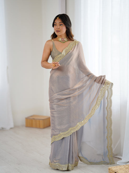 Gray  Fandy Satin Two Tone Sequins And Zari Work Saree With Blouse Piece