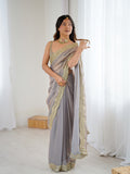 Gray  Fandy Satin Two Tone Sequins And Zari Work Saree With Blouse Piece