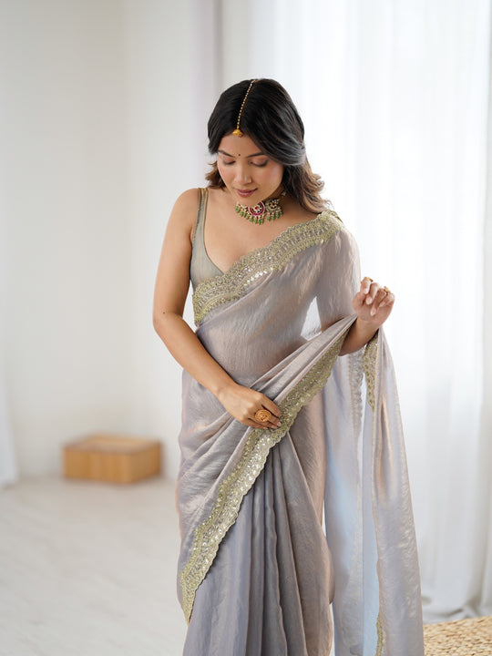 Gray  Fandy Satin Two Tone Sequins And Zari Work Saree With Blouse Piece