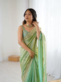 Green Fandy Satin Two Tone Sequins And Zari Work Saree With Blouse Piece