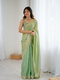 Green Fandy Satin Two Tone Sequins And Zari Work Saree With Blouse Piece