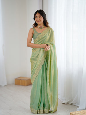 Green Fandy Satin Two Tone Sequins And Zari Work Saree With Blouse Piece
