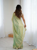 Green Fandy Satin Two Tone Sequins And Zari Work Saree With Blouse Piece