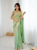 Green Fandy Satin Two Tone Sequins And Zari Work Saree With Blouse Piece