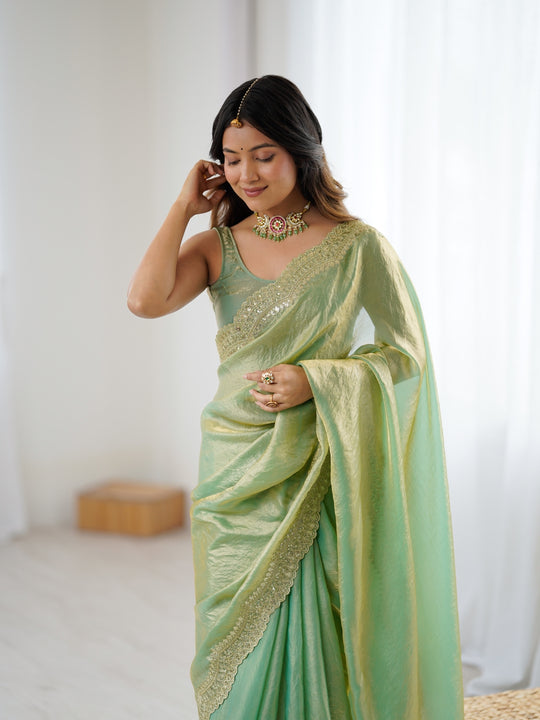 Green Fandy Satin Two Tone Sequins And Zari Work Saree With Blouse Piece