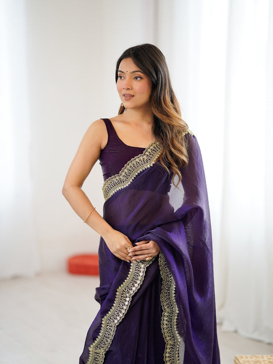 Purple Fandy Satin Two Tone Sequins And Zari Work Saree With Blouse Piece