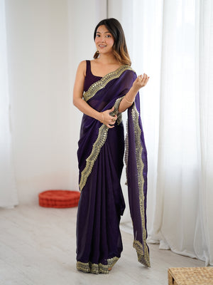 Purple Fandy Satin Two Tone Sequins And Zari Work Saree With Blouse Piece