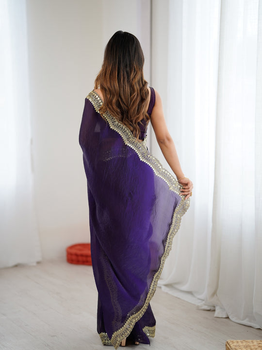 Purple Fandy Satin Two Tone Sequins And Zari Work Saree With Blouse Piece