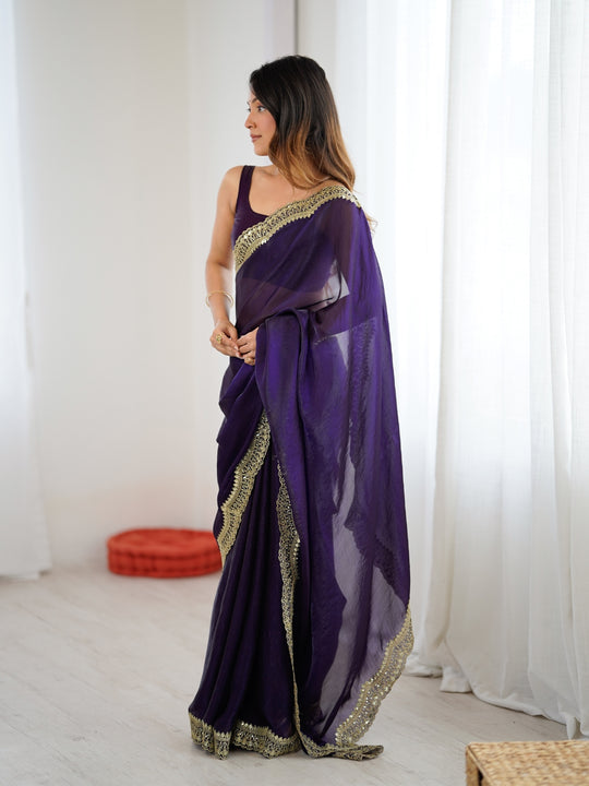 Purple Fandy Satin Two Tone Sequins And Zari Work Saree With Blouse Piece