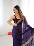 Purple Fandy Satin Two Tone Sequins And Zari Work Saree With Blouse Piece