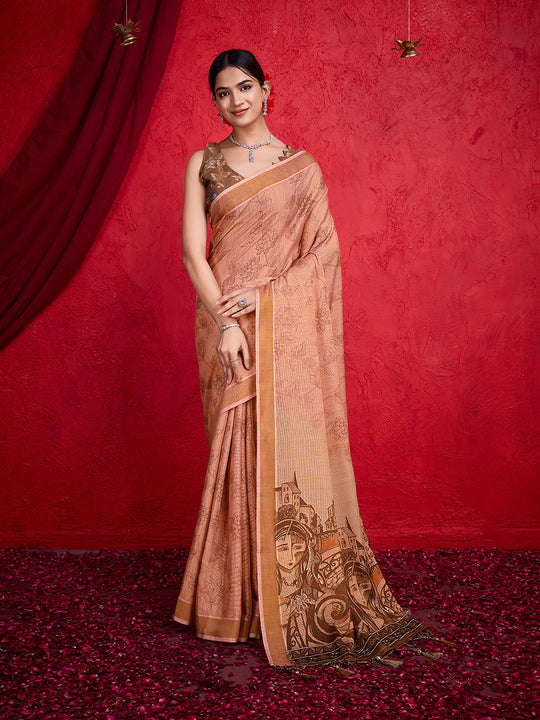 Peach Poly Silk Festival Saree With Blouse Piece