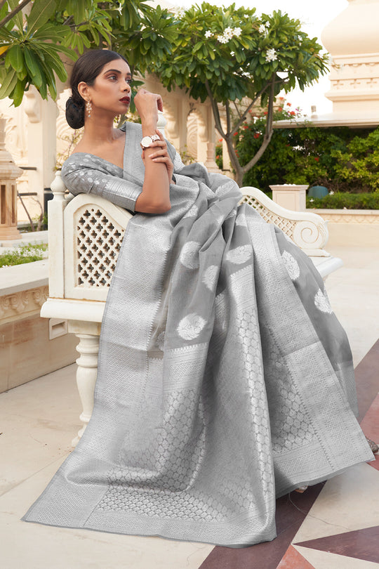 Coin Grey Linen Blend Saree
