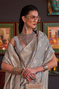 Teal Grey Katan Habutai Silk Saree With Blouse Piece