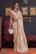 Cream Katan Habutai Silk Saree With Blouse Piece