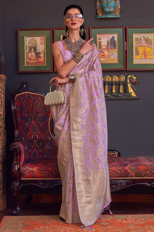 Purple Katan Habutai Silk Saree With Blouse Piece