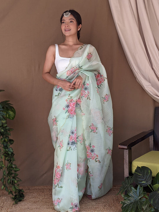 Green Organza Saree With Blouse Piece