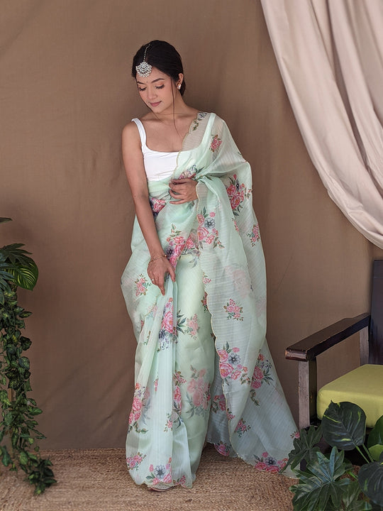 Green Organza Saree With Blouse Piece