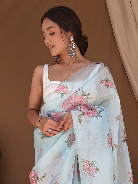 Sky Blue Organza Saree With Blouse Piece