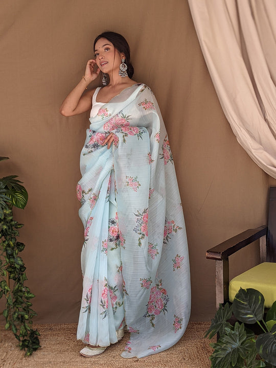 Sky Blue Organza Saree With Blouse Piece