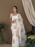 Cream Organza Saree With Blouse Piece