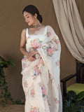 Cream Organza Saree With Blouse Piece