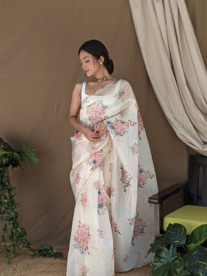 Cream Organza Saree With Blouse Piece